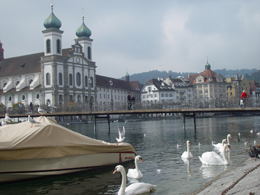 Europe Trip 2005 - Switzerland (Lucerne - The Chapel Bridge (Kapellbrucke) and Water Tower (Wasserturm), Feeding the Swans)