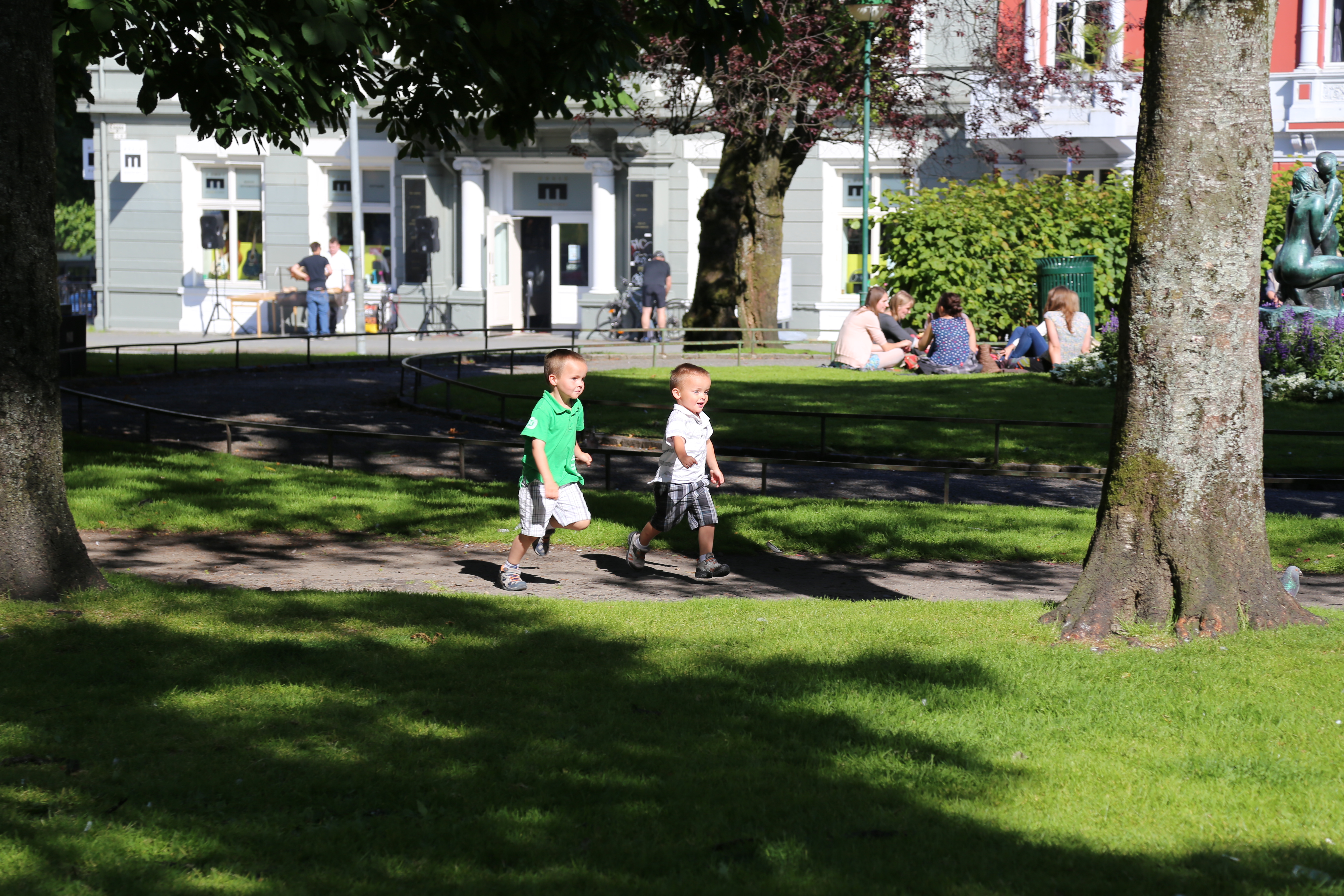 2014 Europe Trip Day 23 - Norway (Bergens Expressen City & Panorama Tour (Small Road Train), Fish Market Salmon and Whale, Bergen Light-Rail, Mormon church, Fantoft Stave Church, Downtown Bergen, Viking Playground, Beach)