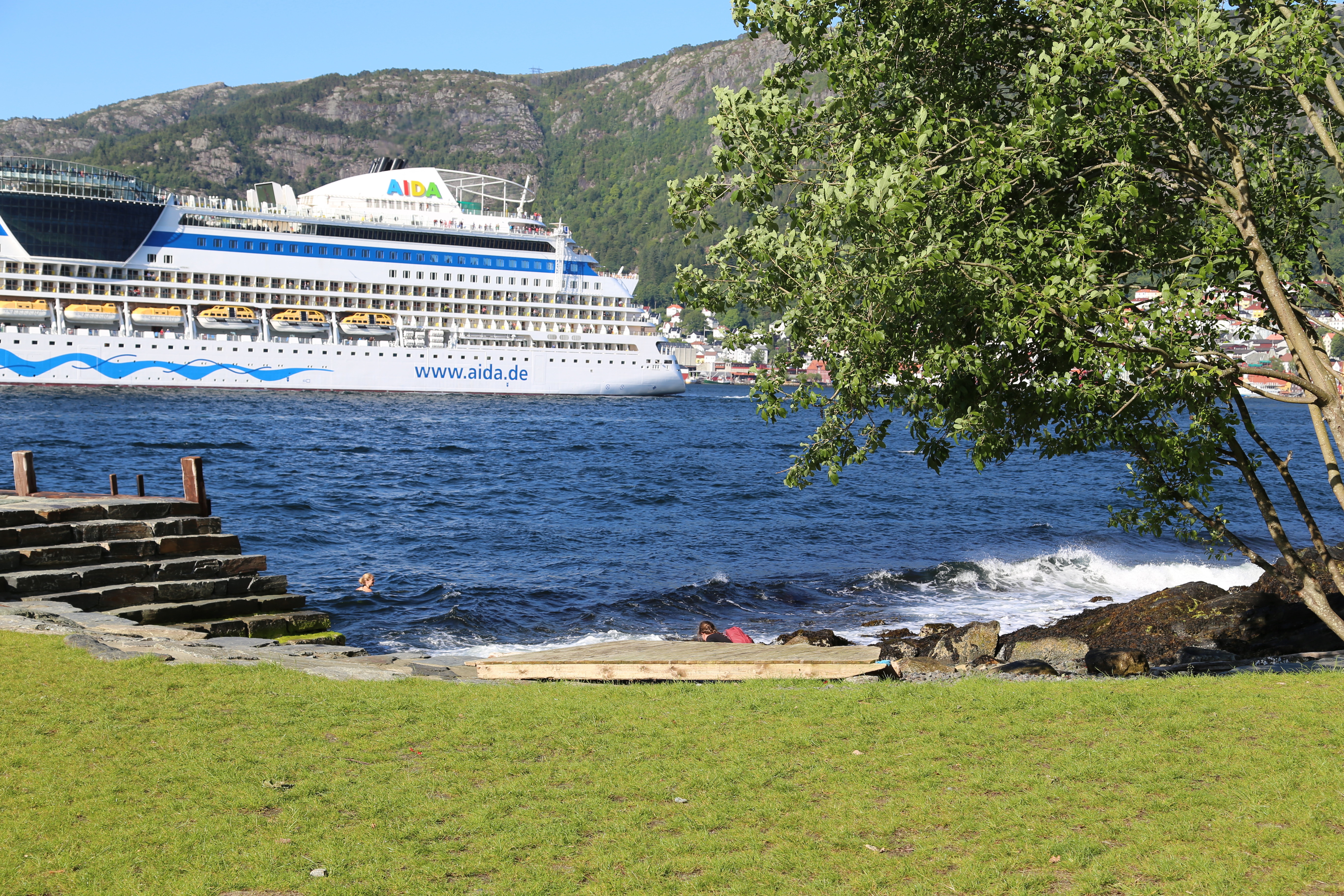 2014 Europe Trip Day 23 - Norway (Bergens Expressen City & Panorama Tour (Small Road Train), Fish Market Salmon and Whale, Bergen Light-Rail, Mormon church, Fantoft Stave Church, Downtown Bergen, Viking Playground, Beach)