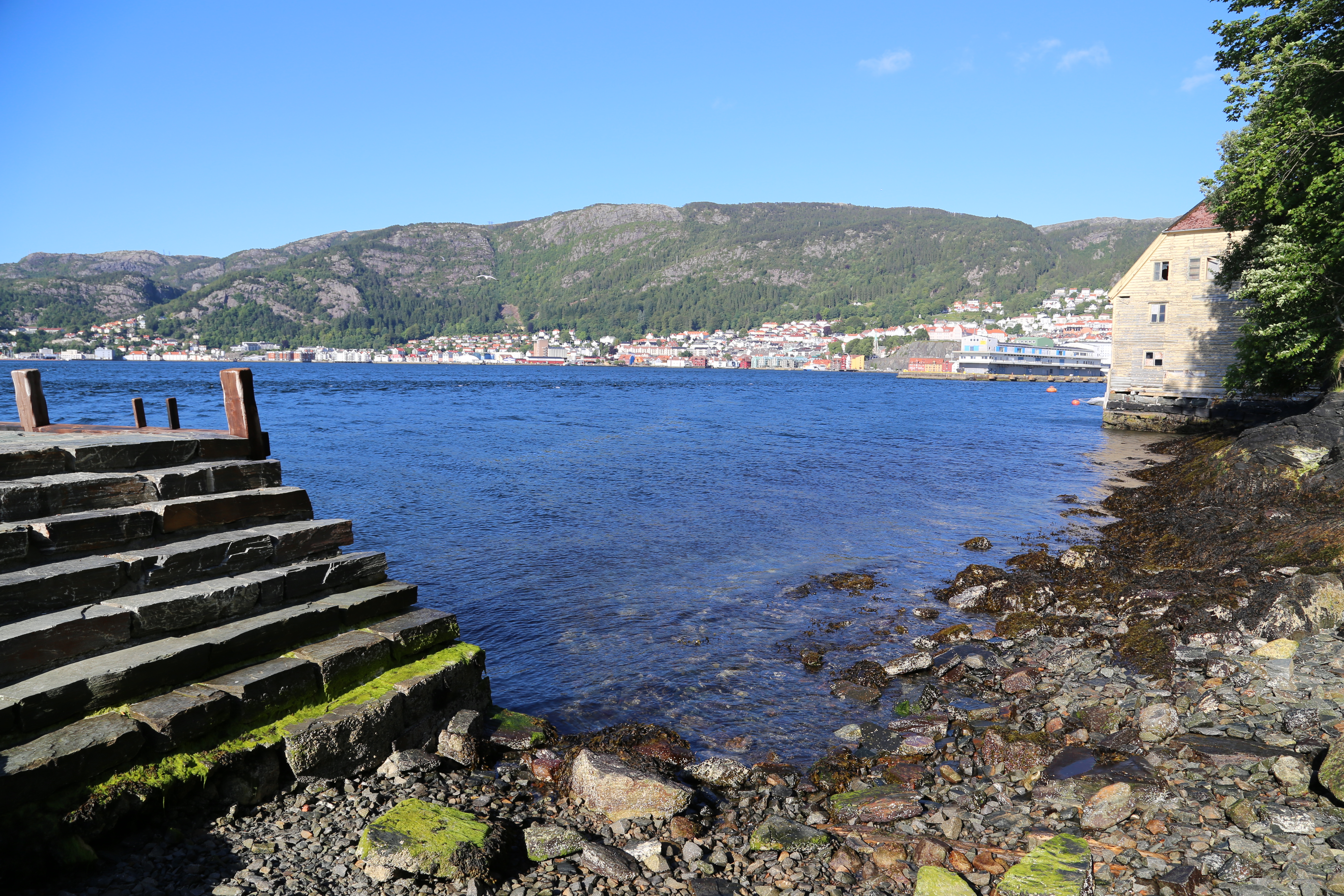 2014 Europe Trip Day 23 - Norway (Bergens Expressen City & Panorama Tour (Small Road Train), Fish Market Salmon and Whale, Bergen Light-Rail, Mormon church, Fantoft Stave Church, Downtown Bergen, Viking Playground, Beach)