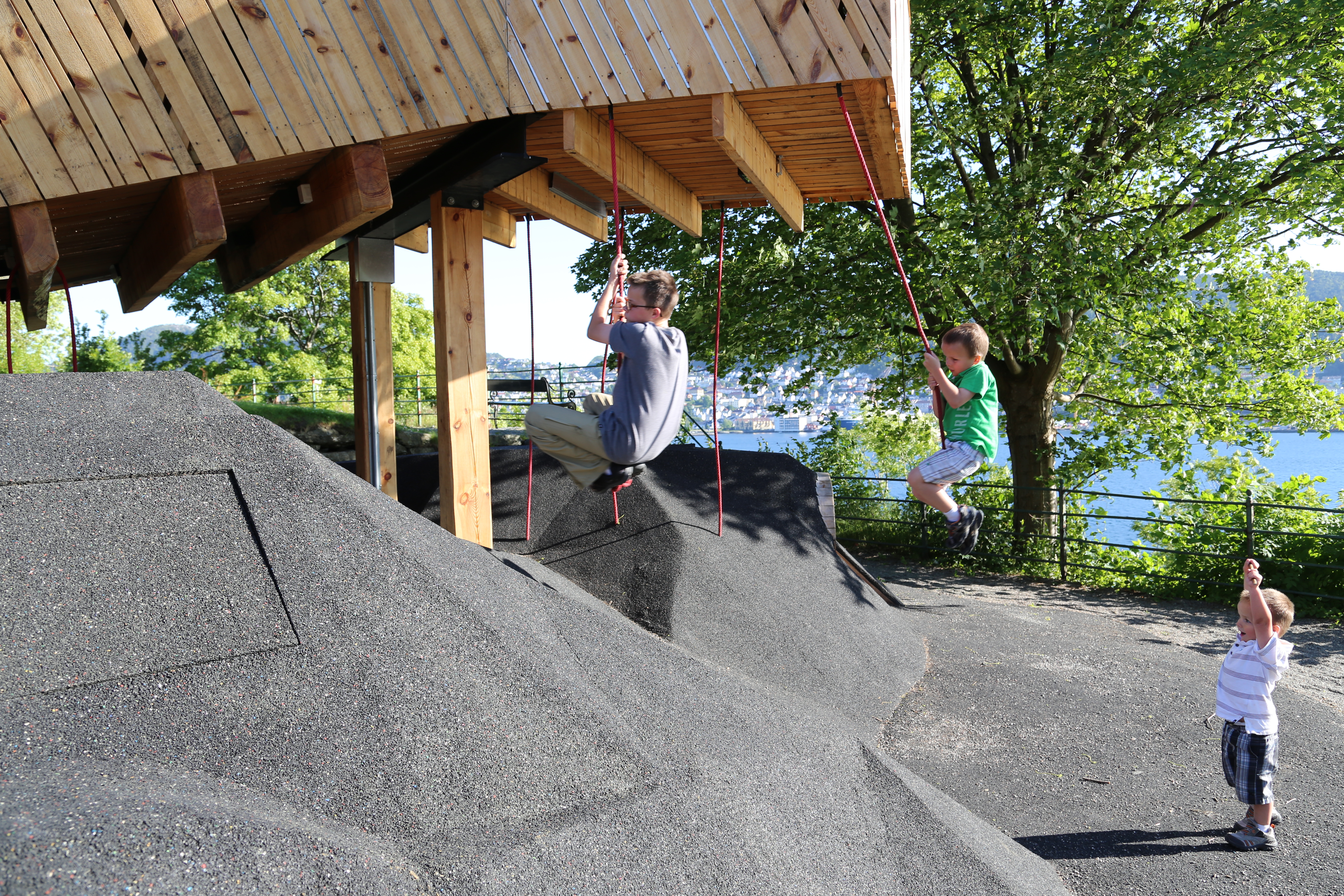 2014 Europe Trip Day 23 - Norway (Bergens Expressen City & Panorama Tour (Small Road Train), Fish Market Salmon and Whale, Bergen Light-Rail, Mormon church, Fantoft Stave Church, Downtown Bergen, Viking Playground, Beach)