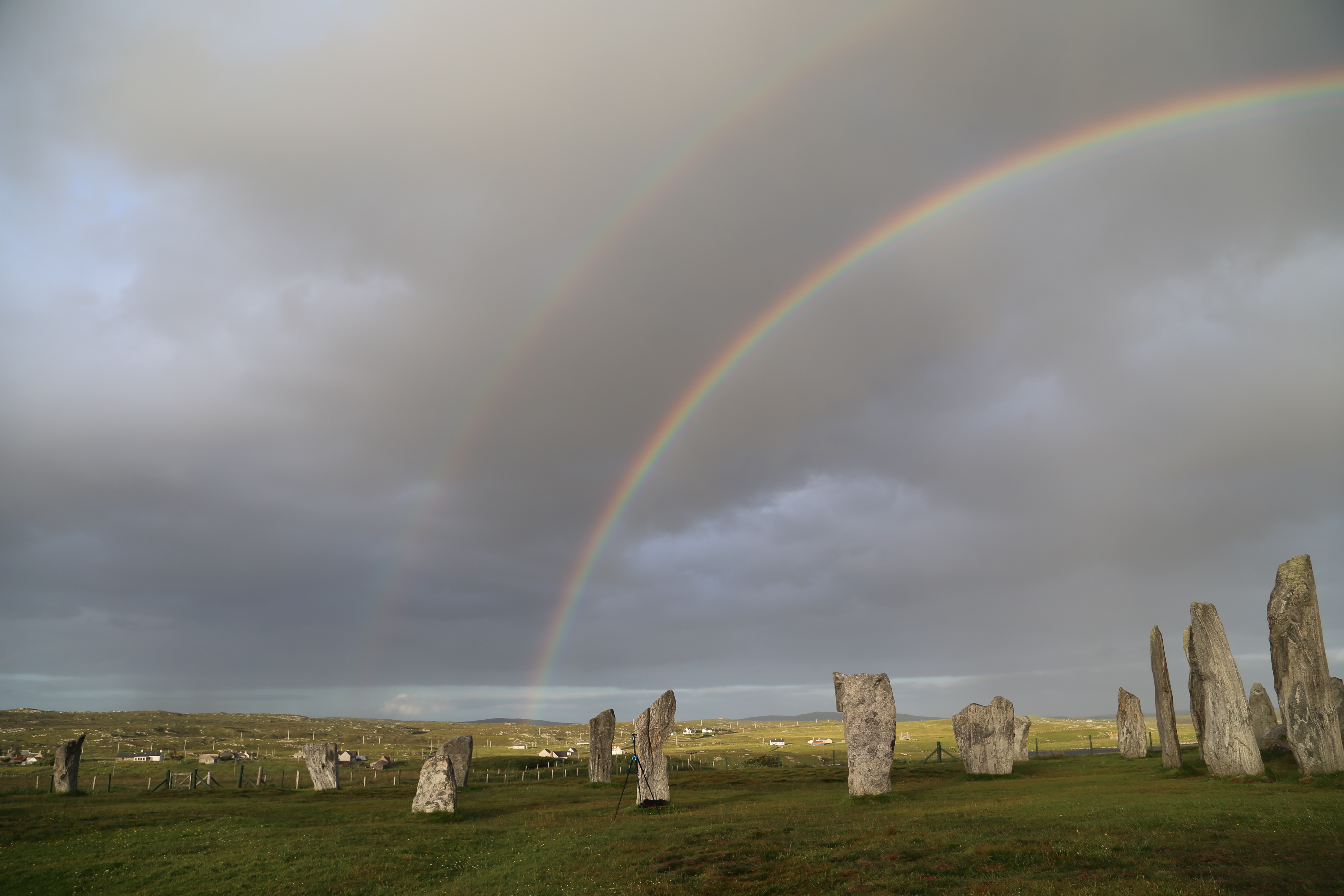 2014 Europe Trip Day 29 - Scotland (Callanish Standing Stones, Dun Carloway Broch, Gearrannan Blackhouse Village, Harris Tweed Weaving Loom, Dailbeag Beach, Arnol Black House, Breanish Tweed, Peat, Steinacleit, Bridge to Nowhere, Traigh Mhor, Rainbow)