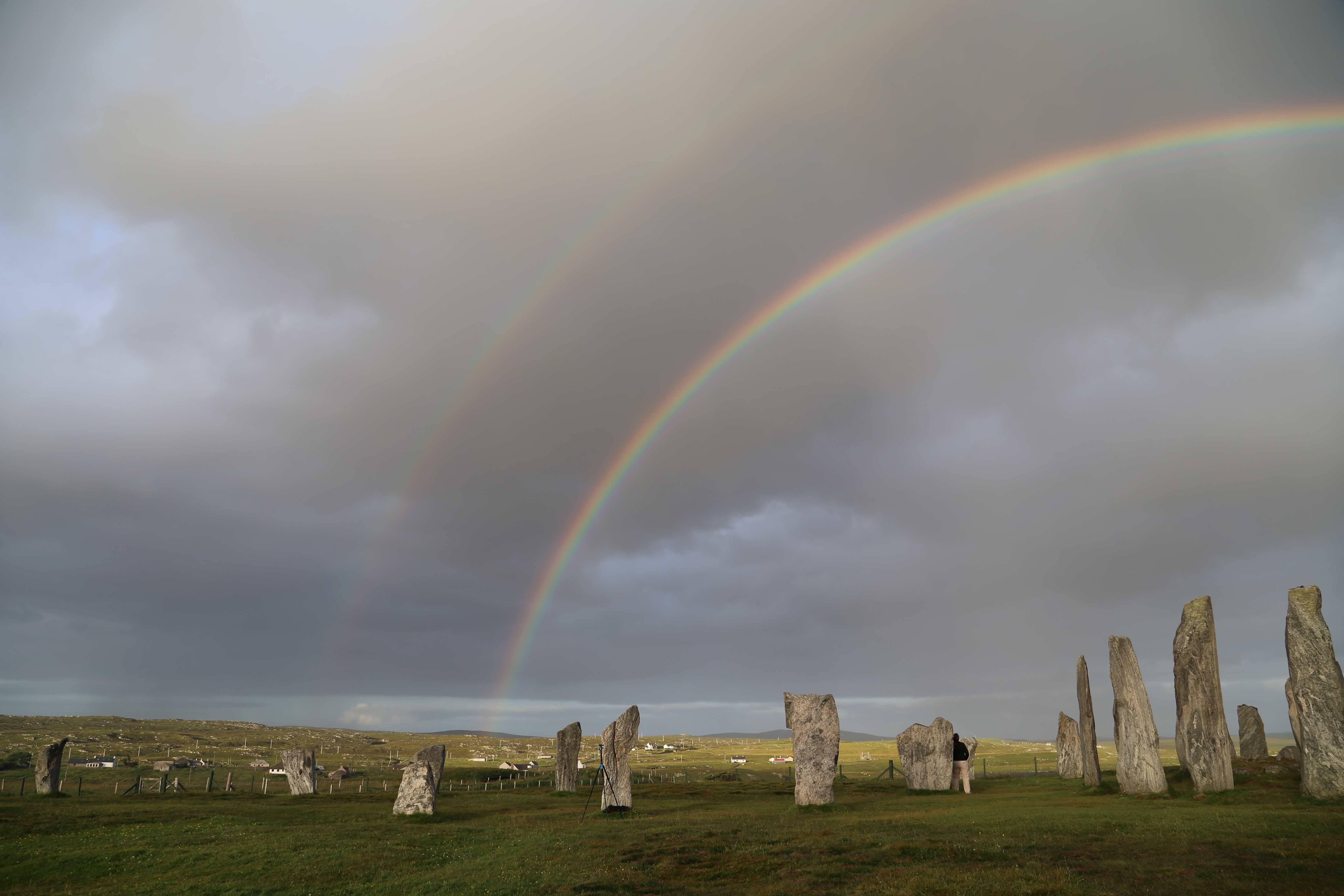 2014 Europe Trip Day 29 - Scotland (Callanish Standing Stones, Dun Carloway Broch, Gearrannan Blackhouse Village, Harris Tweed Weaving Loom, Dailbeag Beach, Arnol Black House, Breanish Tweed, Peat, Steinacleit, Bridge to Nowhere, Traigh Mhor, Rainbow)