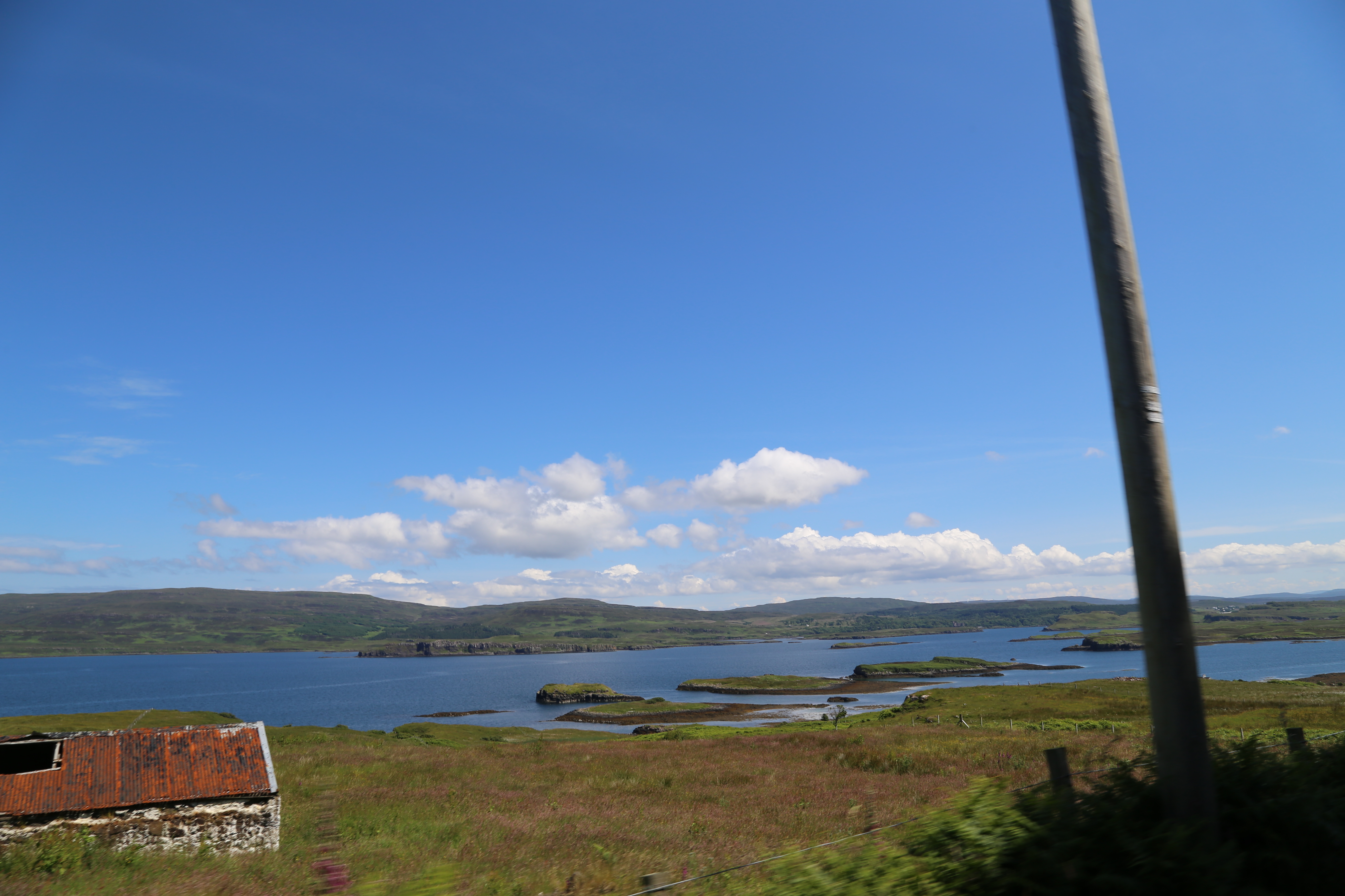 2014 Europe Trip Day 28 - Scotland (Isle of Skye, Portree, Full Scottish Breakfast, Dun Beag Broch, Highland Sheep, Thistle, Red Telephone Box, Neist Point Lighthouse, Dunvegan Castle, Uig-Tarbert Ferry, Outer Hebrides, Isle of Harris, Losgaintir Beach)