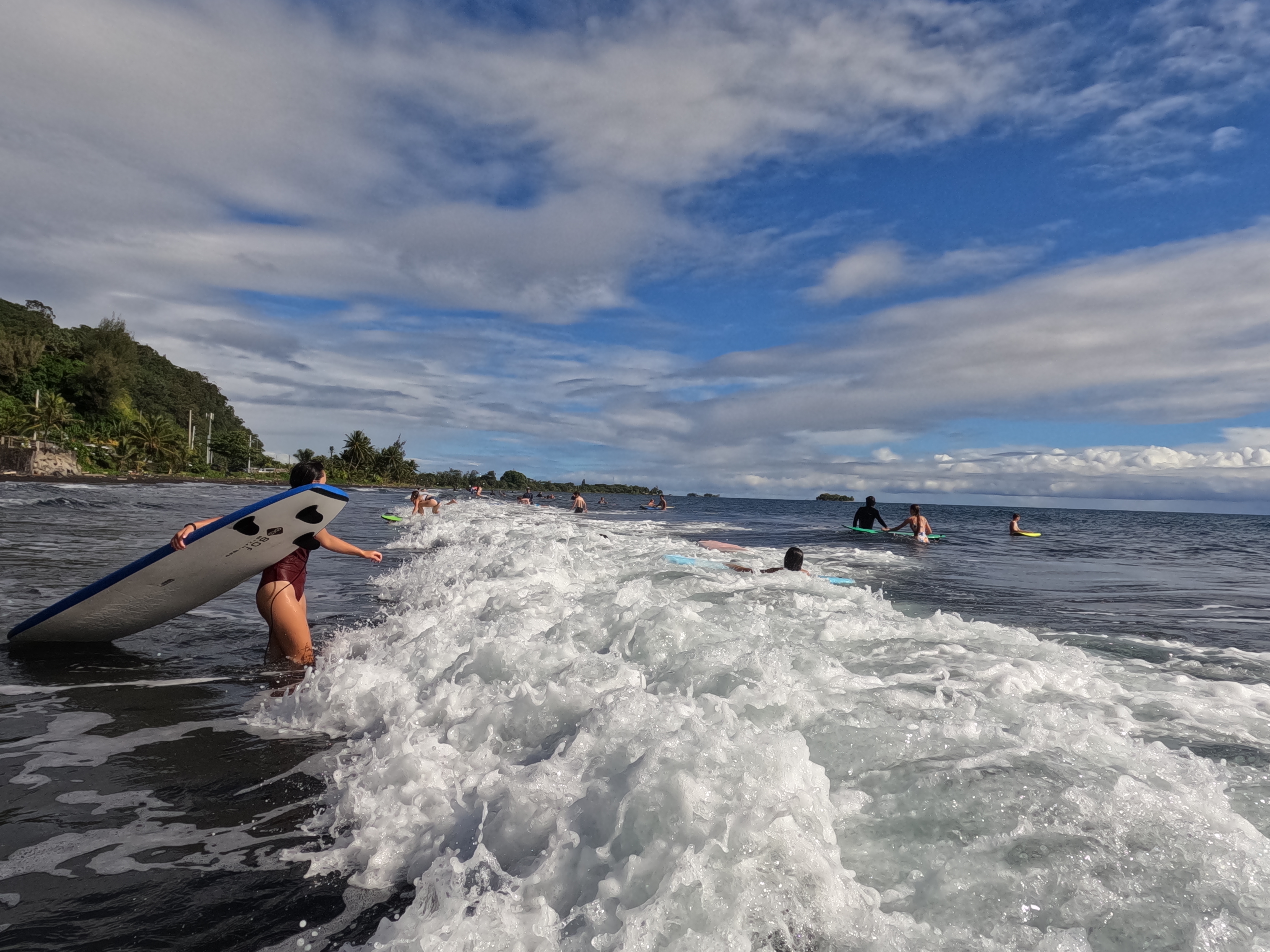 2022 Tahiti Taravao HXP - Day 11 (Surf Lessons on Black Sand Plage de Ahonu (Ahonu Beach), Losing Toenails, Beach Burger, Dance Party on Steve's Party Barge, Owner Steve, Snorkeling in Crystal Clear Warm Water in the Reef, Sports with Vaihiria Ward Youth)