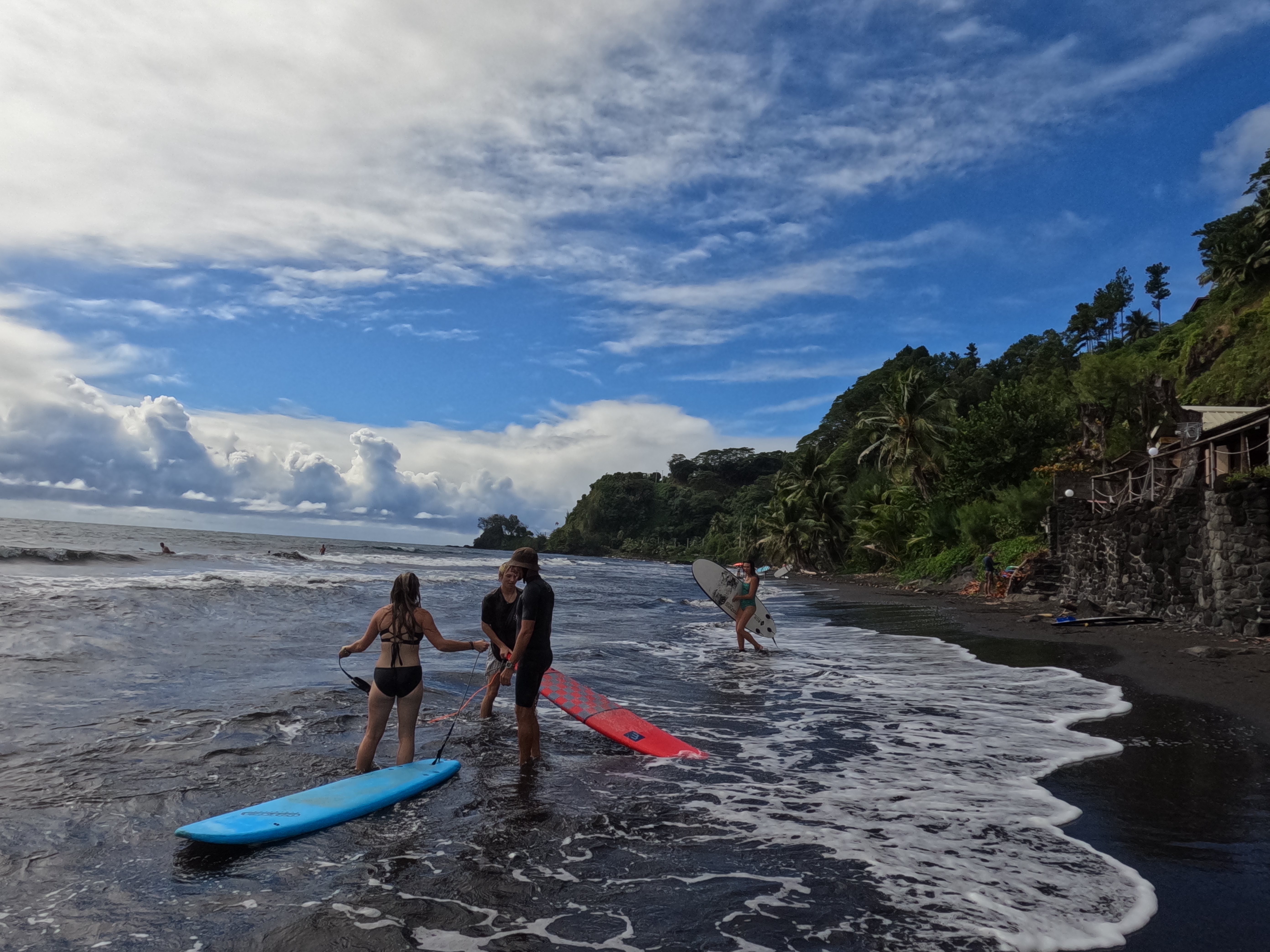 2022 Tahiti Taravao HXP - Day 11 (Surf Lessons on Black Sand Plage de Ahonu (Ahonu Beach), Losing Toenails, Beach Burger, Dance Party on Steve's Party Barge, Owner Steve, Snorkeling in Crystal Clear Warm Water in the Reef, Sports with Vaihiria Ward Youth)