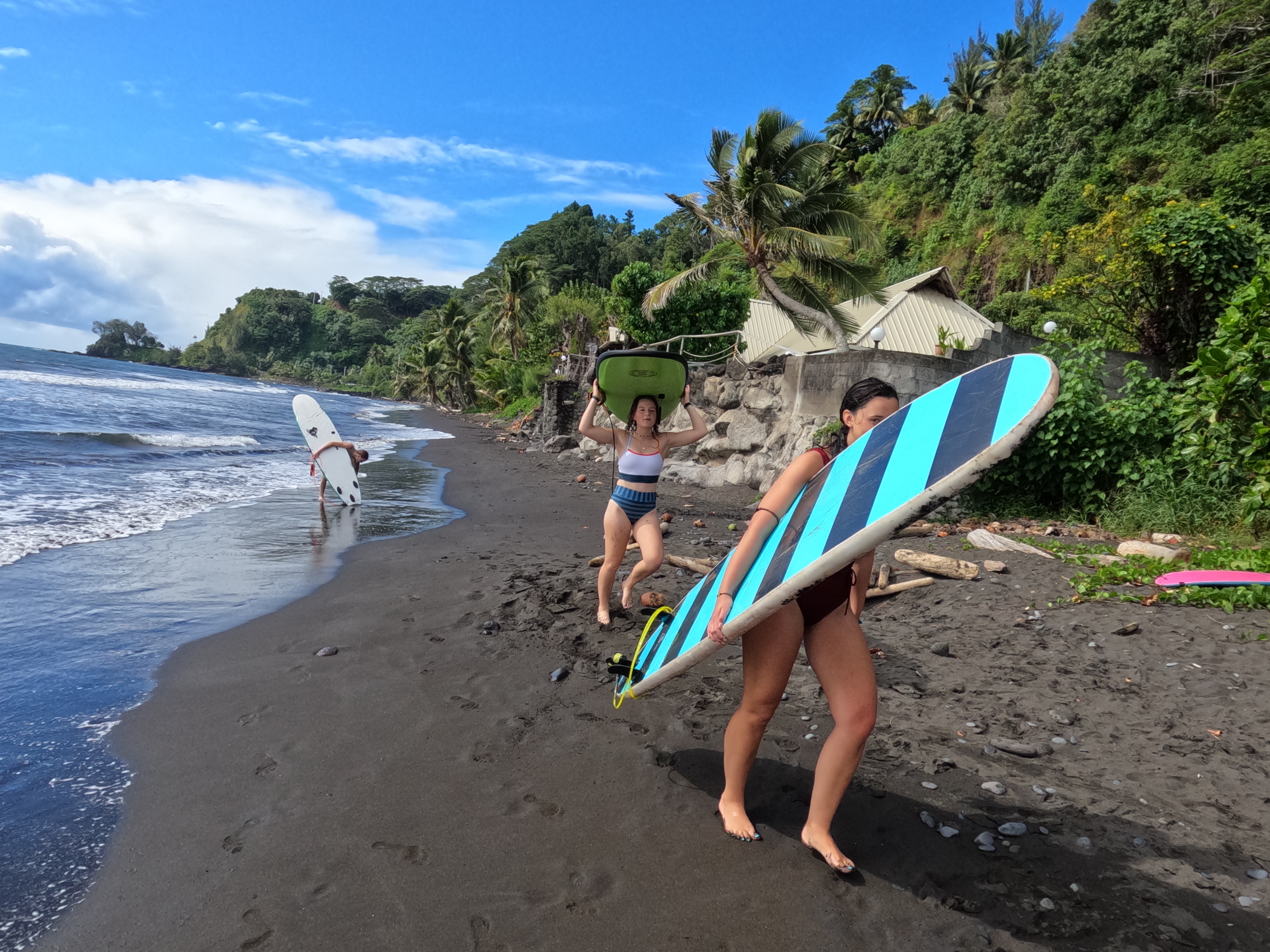 2022 Tahiti Taravao HXP - Day 11 (Surf Lessons on Black Sand Plage de Ahonu (Ahonu Beach), Losing Toenails, Beach Burger, Dance Party on Steve's Party Barge, Owner Steve, Snorkeling in Crystal Clear Warm Water in the Reef, Sports with Vaihiria Ward Youth)