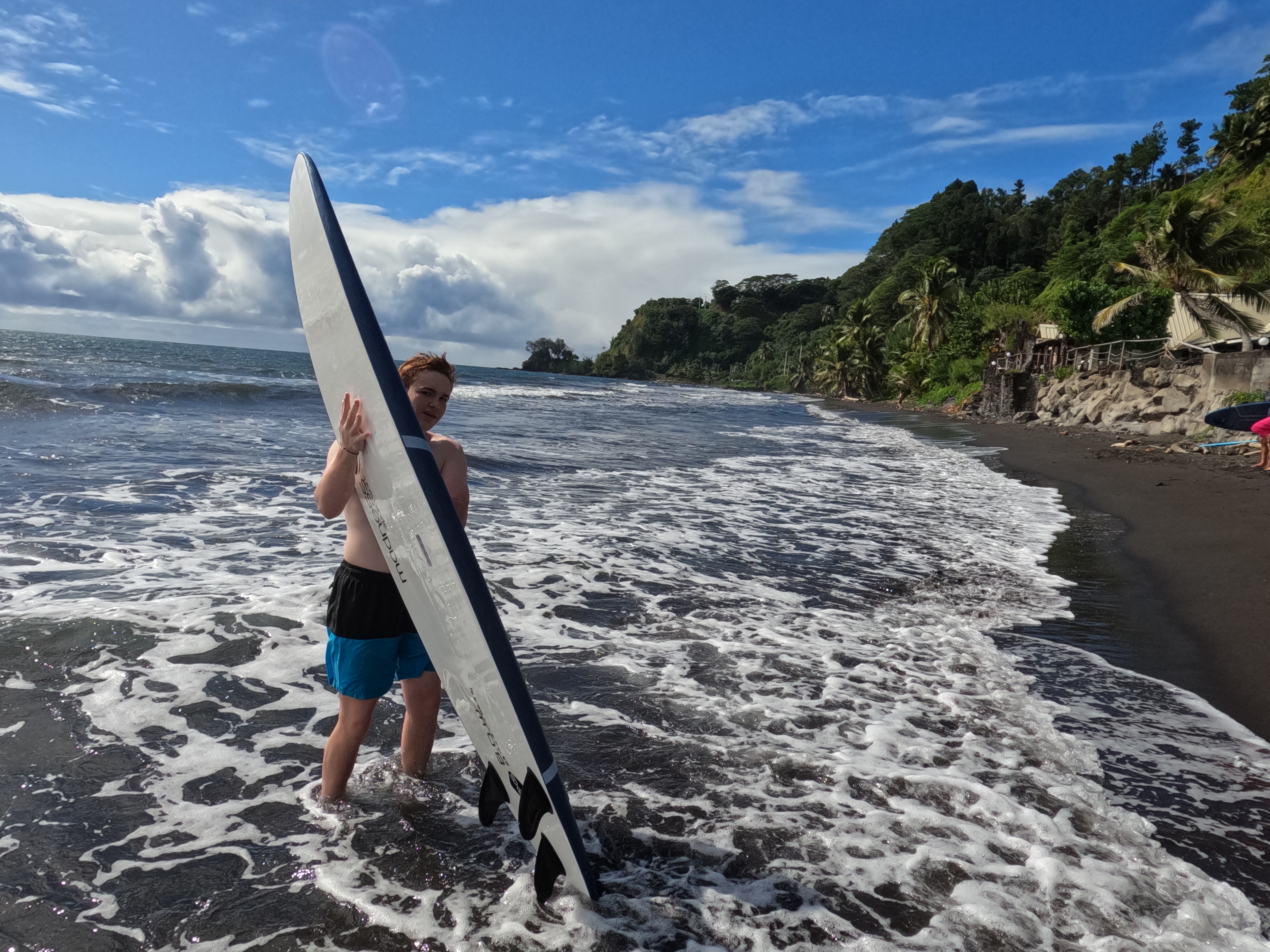 2022 Tahiti Taravao HXP - Day 11 (Surf Lessons on Black Sand Plage de Ahonu (Ahonu Beach), Losing Toenails, Beach Burger, Dance Party on Steve's Party Barge, Owner Steve, Snorkeling in Crystal Clear Warm Water in the Reef, Sports with Vaihiria Ward Youth)