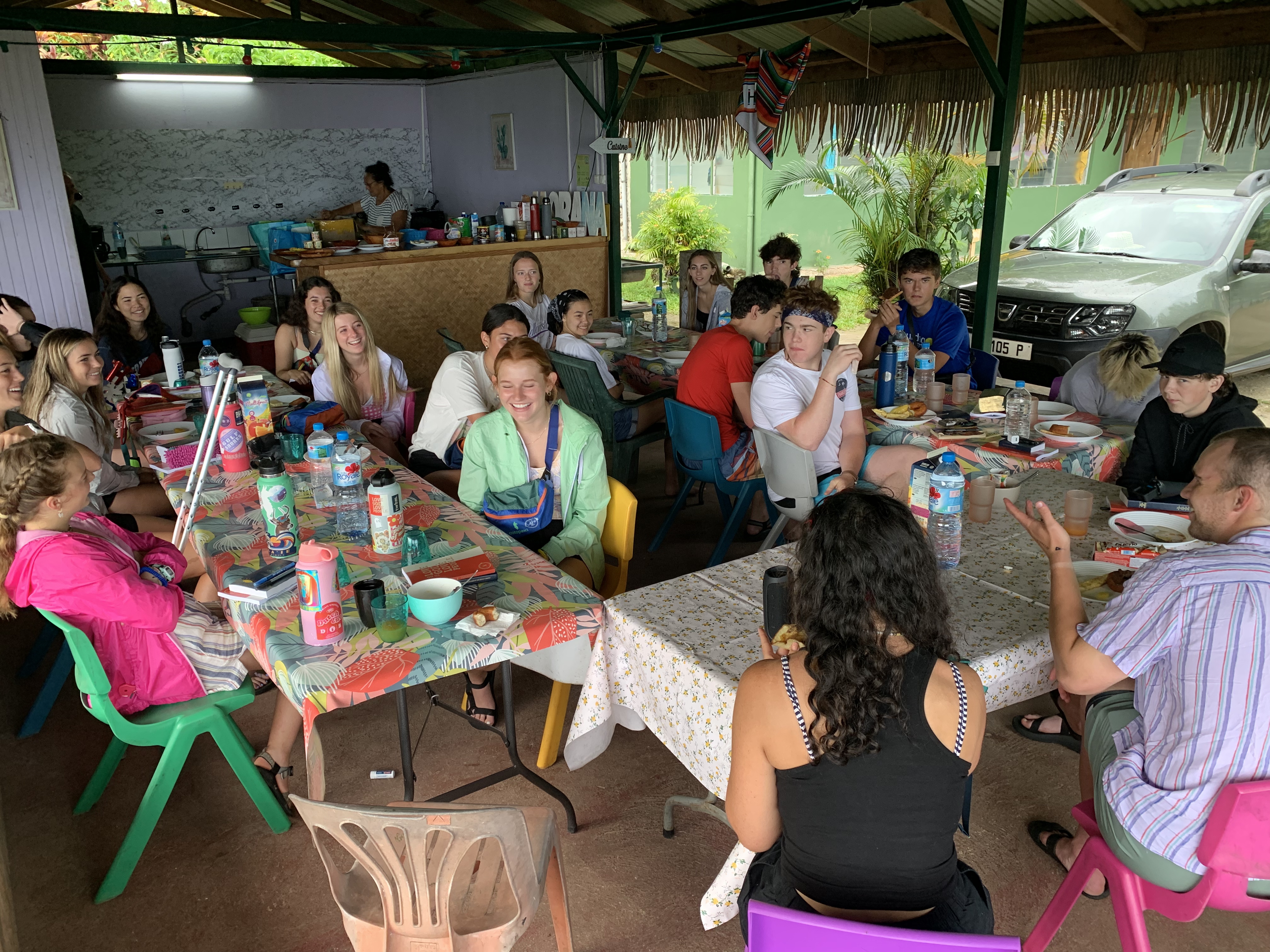 2022 Tahiti Taravao HXP - Day 3 (Devotional, Moorea Jeep Safari, Magic Mountain Overlook, Jam Tasting, Belvedere Lookout, Marae-o-Mahine, Touching Sacred Eels, Fresh Pineapple & Coconut, Making Headbands, Beach Games, Tahitian Dance & Fire Show)