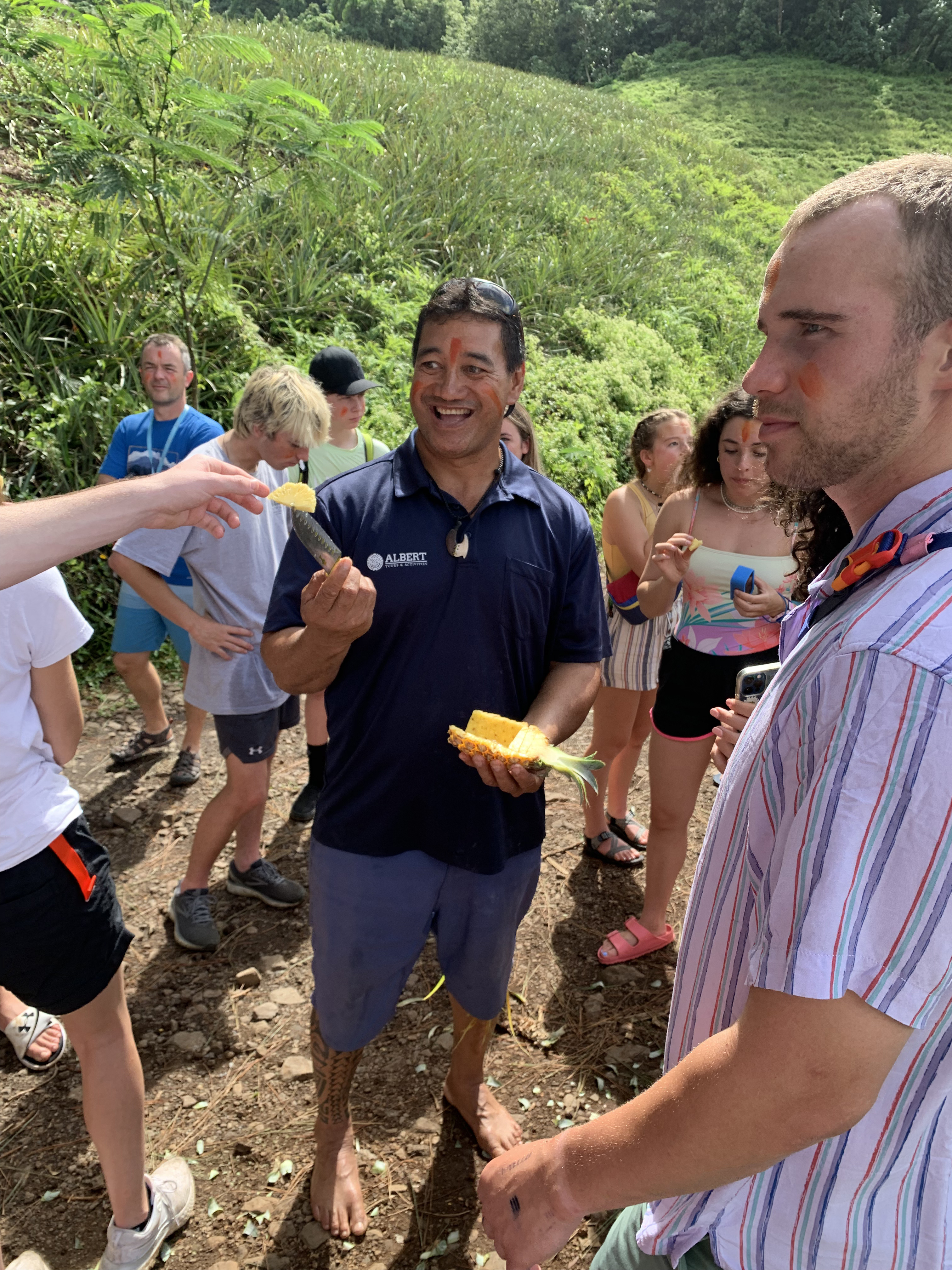 2022 Tahiti Taravao HXP - Day 3 (Devotional, Moorea Jeep Safari, Magic Mountain Overlook, Jam Tasting, Belvedere Lookout, Marae-o-Mahine, Touching Sacred Eels, Fresh Pineapple & Coconut, Making Headbands, Beach Games, Tahitian Dance & Fire Show)