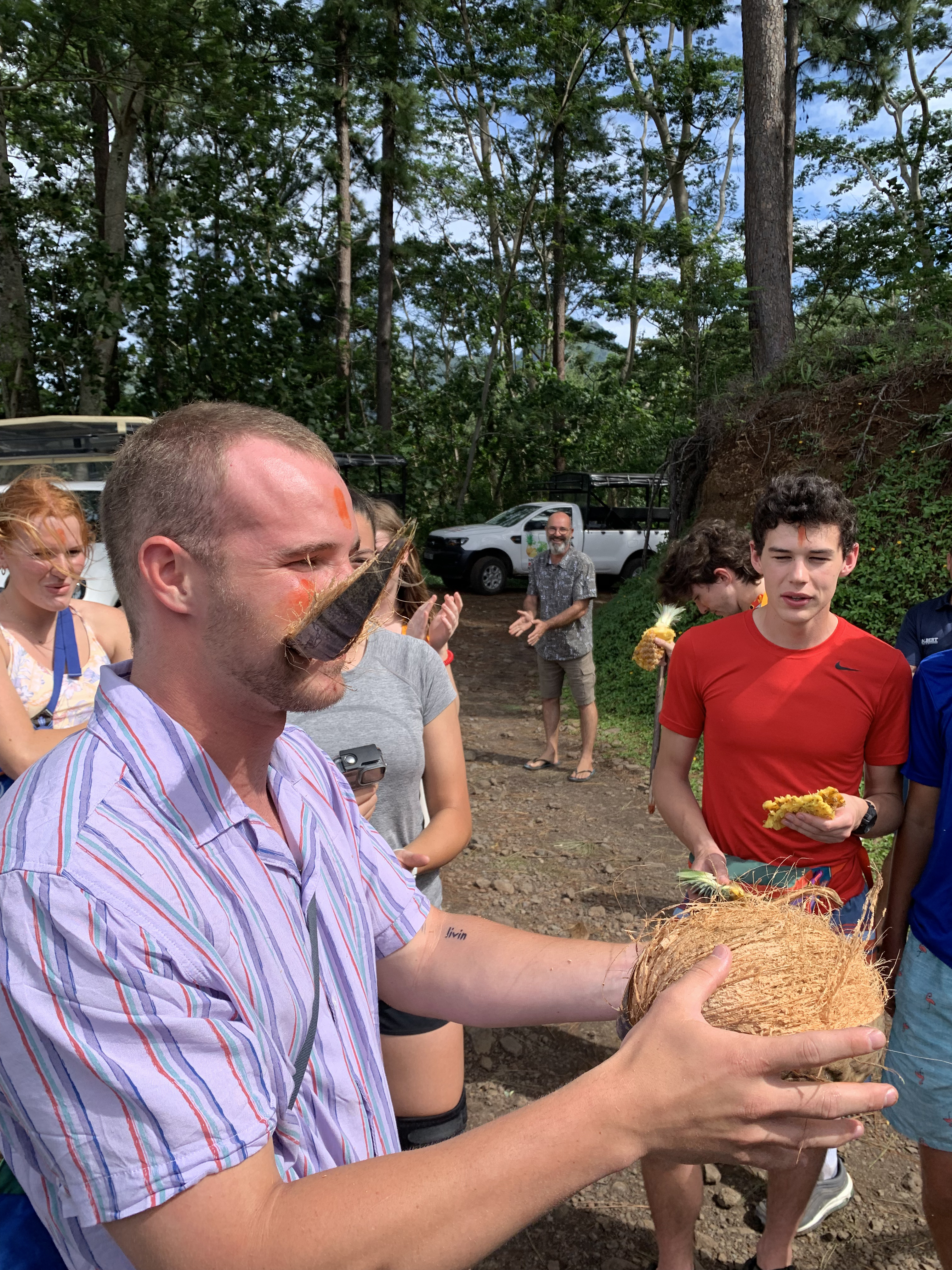 2022 Tahiti Taravao HXP - Day 3 (Devotional, Moorea Jeep Safari, Magic Mountain Overlook, Jam Tasting, Belvedere Lookout, Marae-o-Mahine, Touching Sacred Eels, Fresh Pineapple & Coconut, Making Headbands, Beach Games, Tahitian Dance & Fire Show)