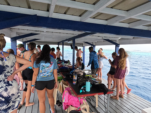 2022 Tahiti Taravao HXP - Day 11 (Surf Lessons on Black Sand Plage de Ahonu (Ahonu Beach), Losing Toenails, Beach Burger, Dance Party on Steve's Party Barge, Owner Steve, Snorkeling in Crystal Clear Warm Water in the Reef, Sports with Vaihiria Ward Youth)